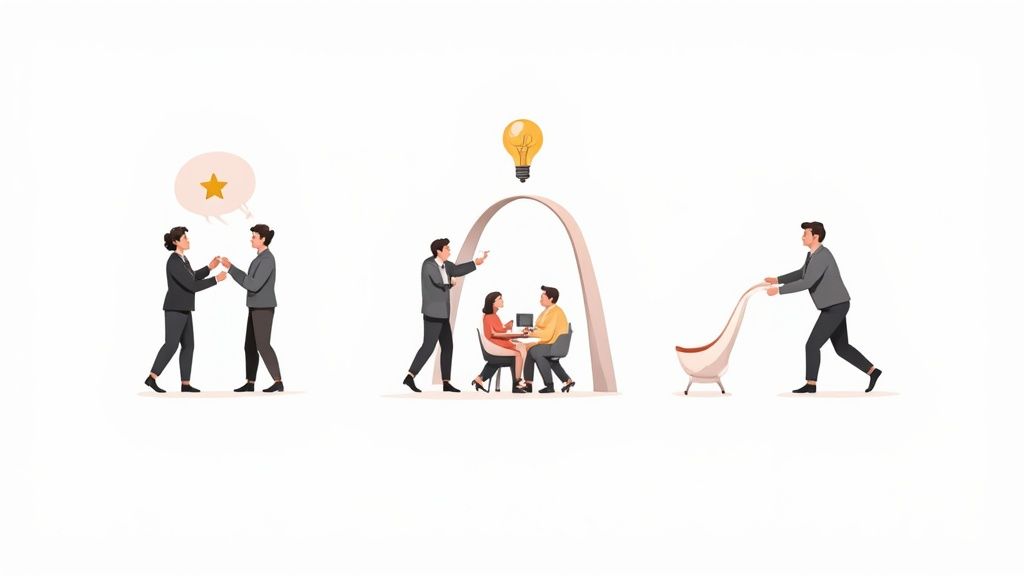 Business professionals collaborating, brainstorming ideas, and creating innovation in workplace setting illustration