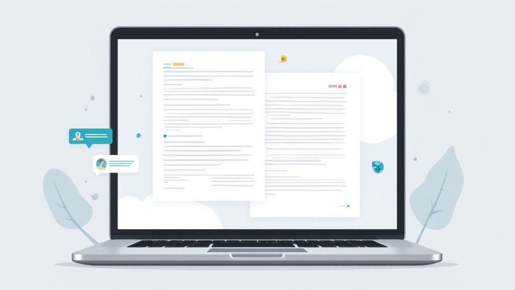 A laptop screen displays two digital documents side-by-side with collaboration bubbles and text.