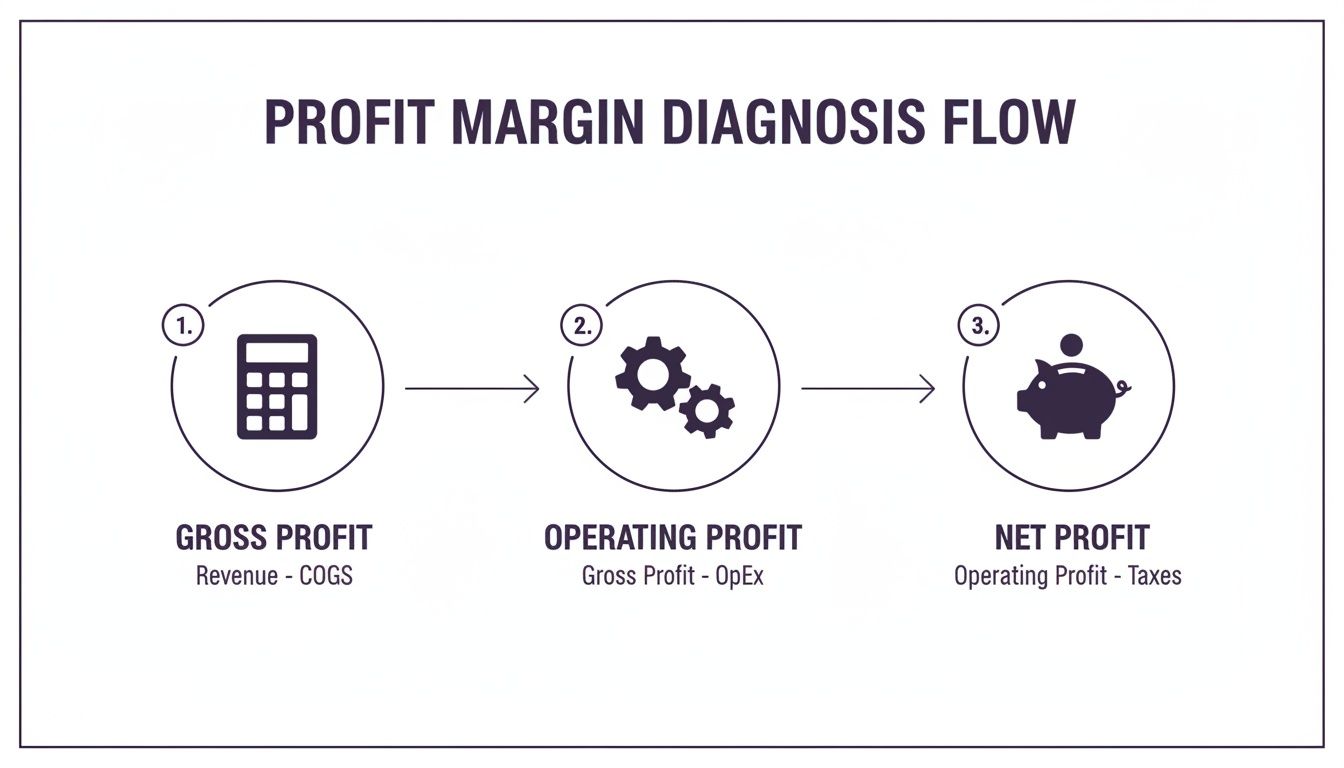 Profit margin diagnosis flow chart detailing steps for calculating gross, operating, and net profit.