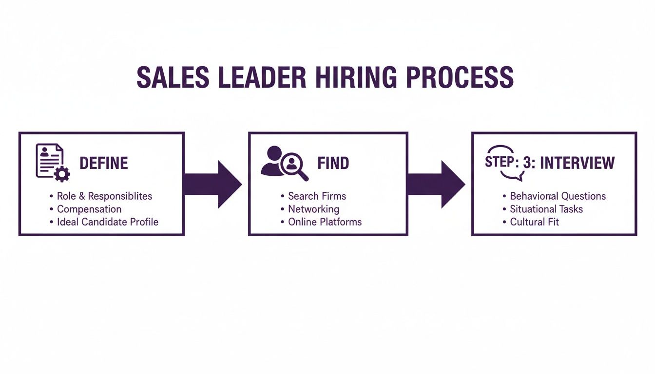 Flowchart outlining the sales leader hiring process with define, find, and interview steps.