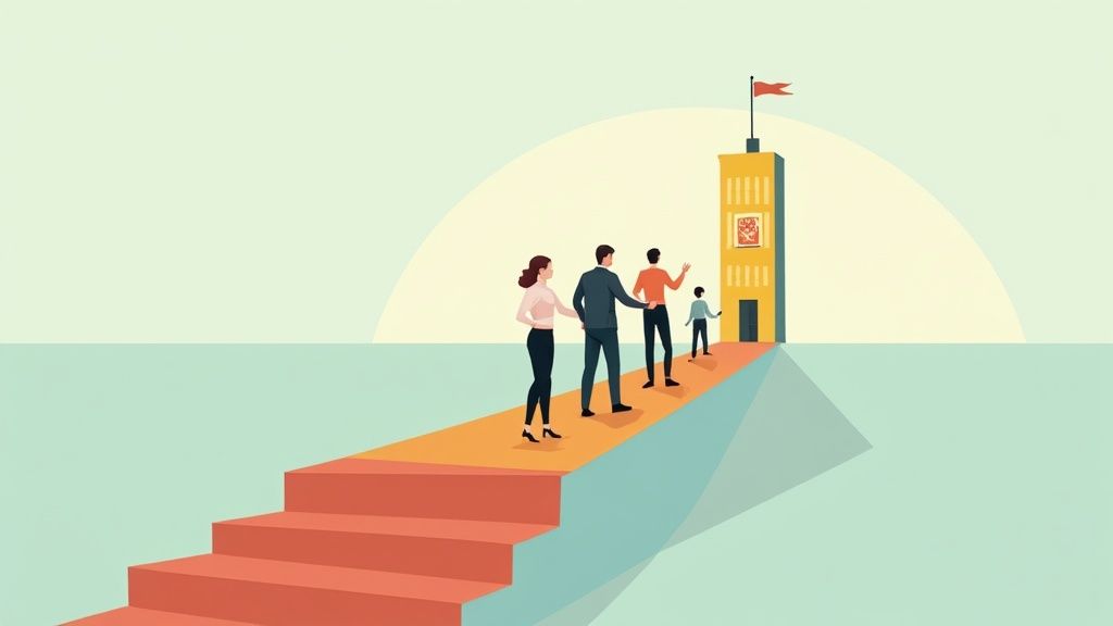 A sales leader pointing to a growth chart during a team meeting, with colleagues looking on engaged.