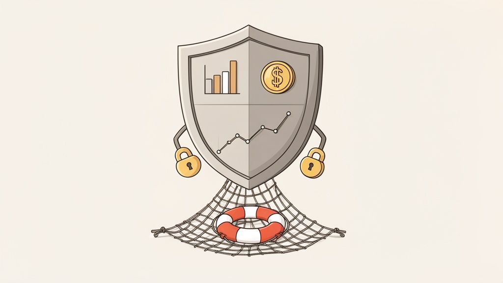 A financial security shield with growth charts, a dollar coin, padlocks, and a life preserver in a net.