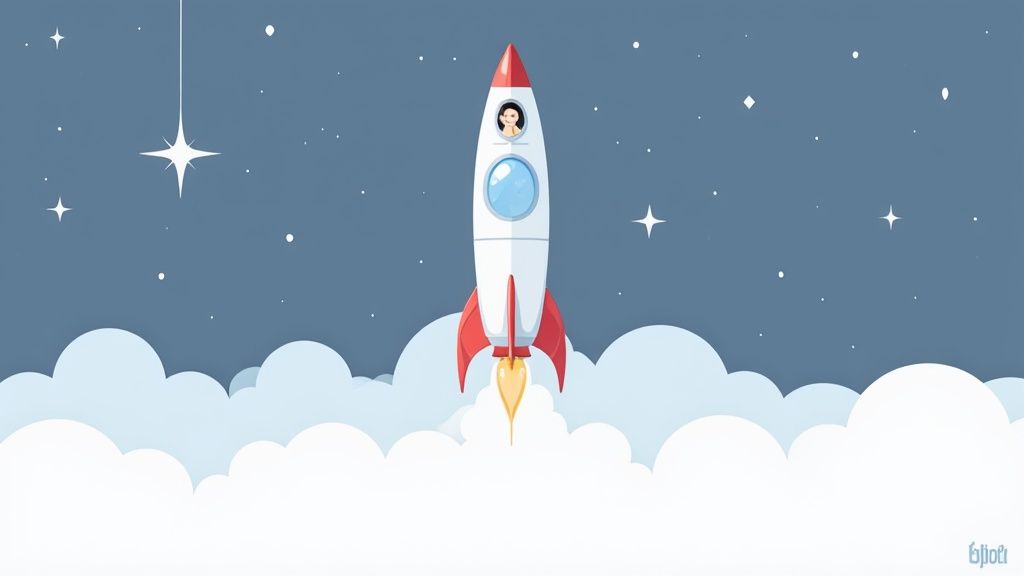 A cartoon rocket with a woman launching through clouds into a starry night sky.