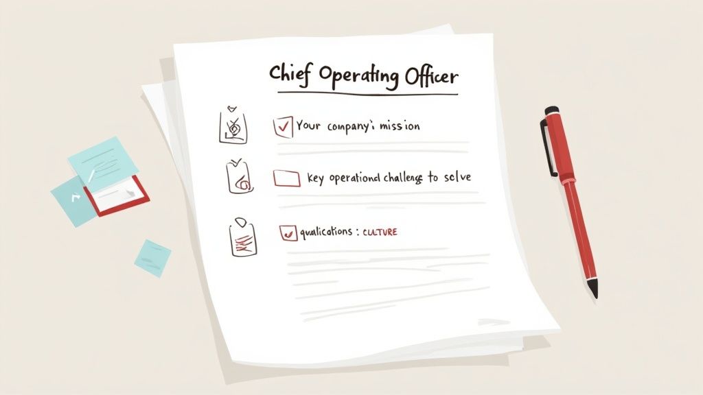 A handwritten job description for Chief Operating Officer on paper with mission and qualifications checked.