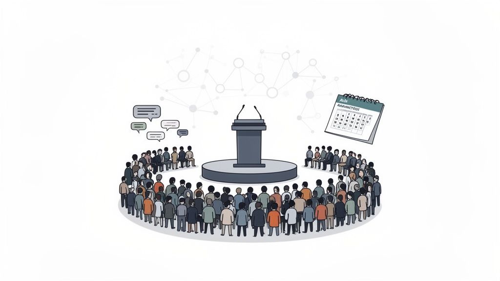 An illustration of a diverse group gathered around a speaker's podium, with chat bubbles and a calendar.
