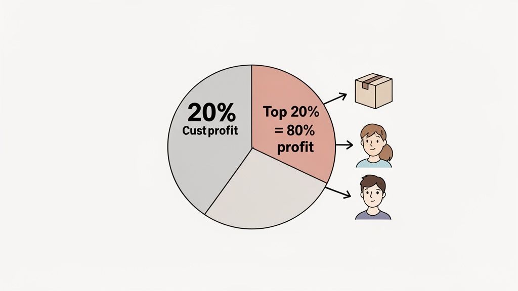 A pie chart illustrating the 80/20 rule, showing top 20% customers generate 80% profit.