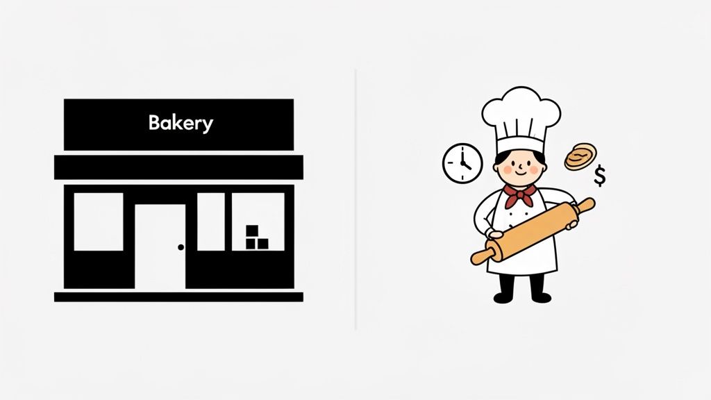 Black silhouette of a bakery building next to a smiling cartoon baker with a rolling pin.