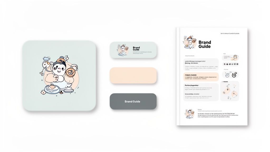 A brand guide showcasing a playful cooking-themed logo, color palette, and an open booklet.