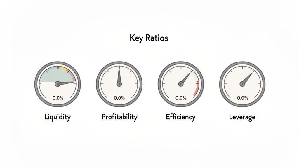 Four gauges representing key financial ratios: Liquidity, Profitability, Efficiency, and Leverage, all set to 0.0%.