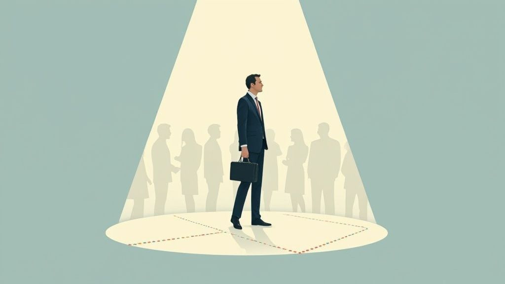 A businessman stands in a bright spotlight, holding a briefcase, surrounded by silhouettes of others.