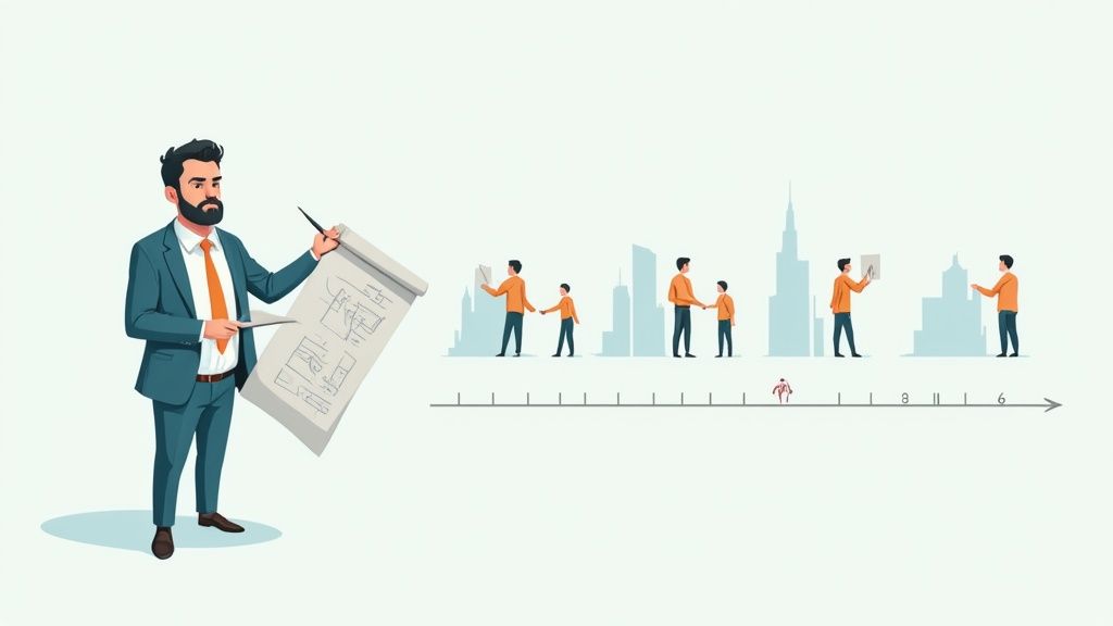 A fractional executive confidently leading a meeting with a younger software development team.