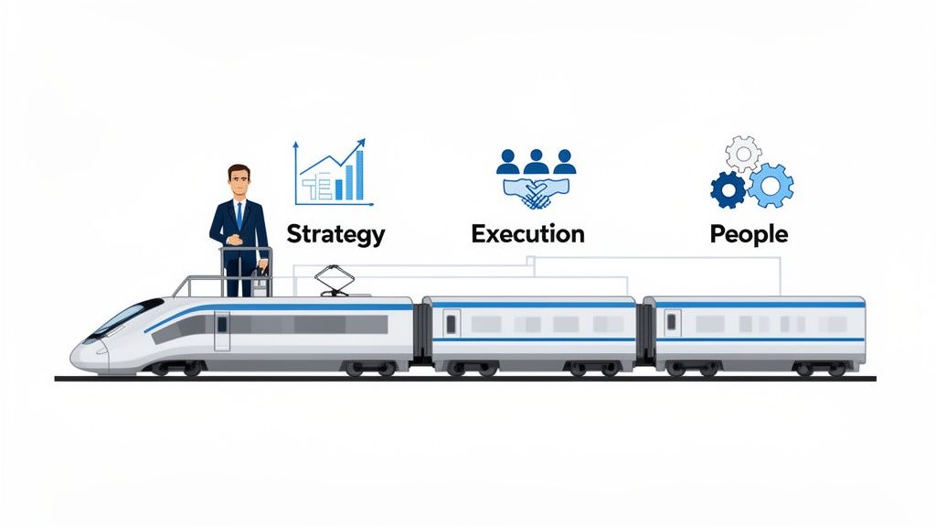 Businessman on a train, illustrating business concepts: Strategy, Execution, and People for success.
