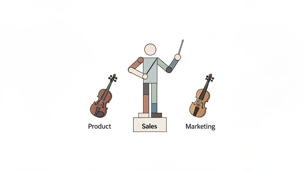 A conductor (Sales) orchestrates Product and Marketing violins, illustrating a go-to-market strategy framework.