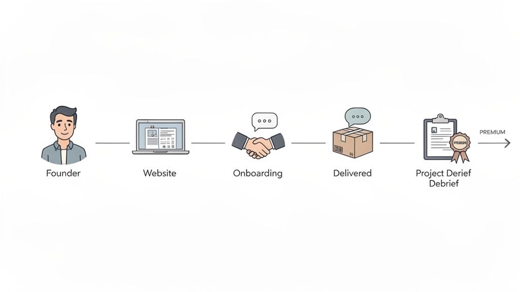 A cartoon illustration showing a service journey: Founder, Website, Onboarding, Delivered, and Project Debrief.