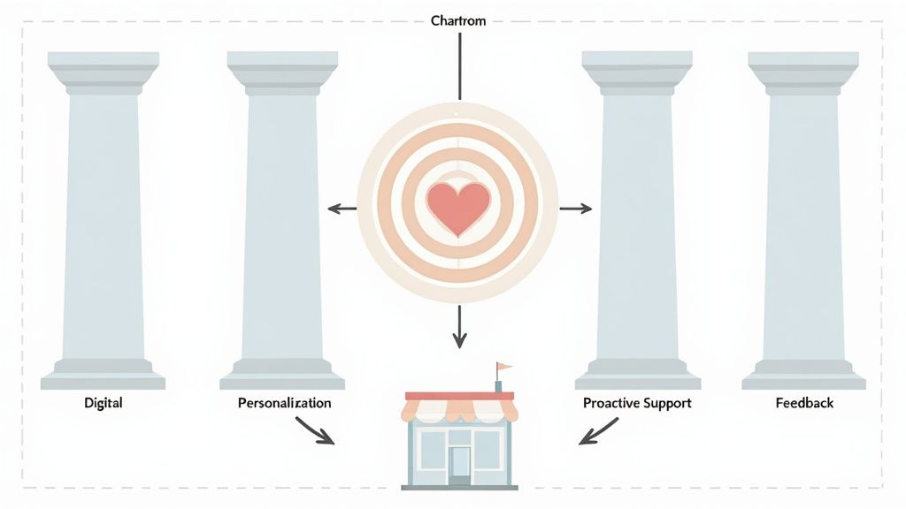 Five pillars representing digital, personalization, proactive support, and feedback supporting a central heart target and a storefront.