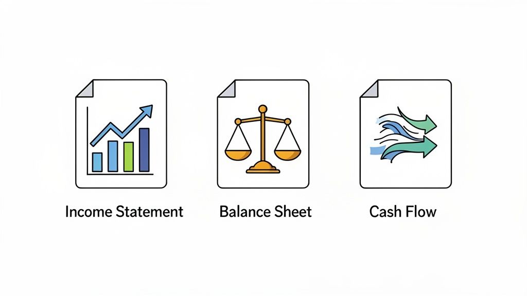 Three essential financial statements: Income Statement, Balance Sheet, and Cash Flow, each with icons.