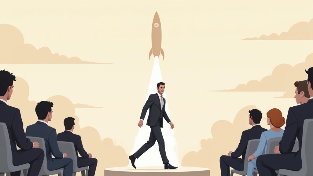 A man in a suit walks on a stage, illuminated by a spotlight under a launching rocket, watched by an audience.