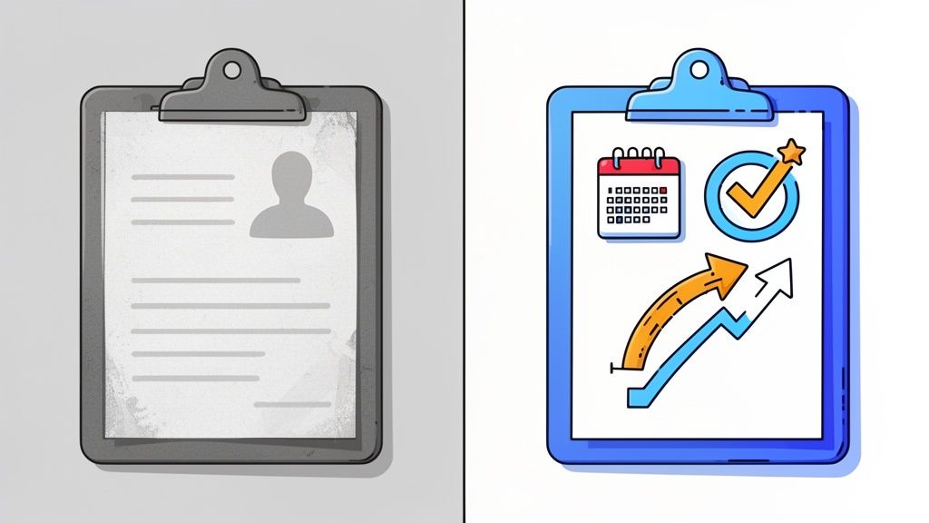 Two clipboards, one with a resume, the other with business planning and growth icons.