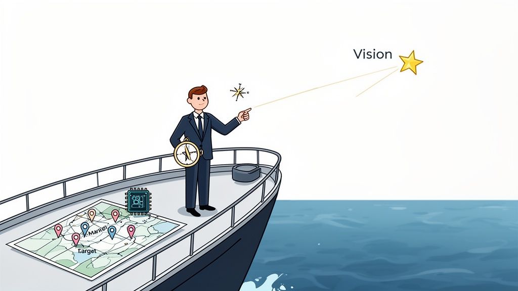 A businessman on a boat points to a 'Vision' star, with a map showing 'Target' markets.