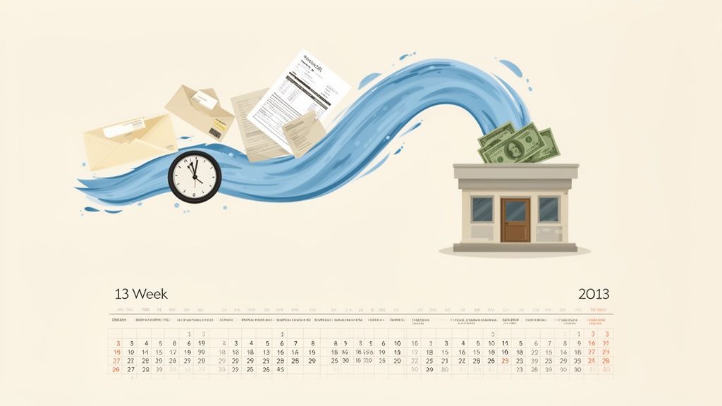 Illustration showing bills, time, and money flowing into a business, representing financial processes.