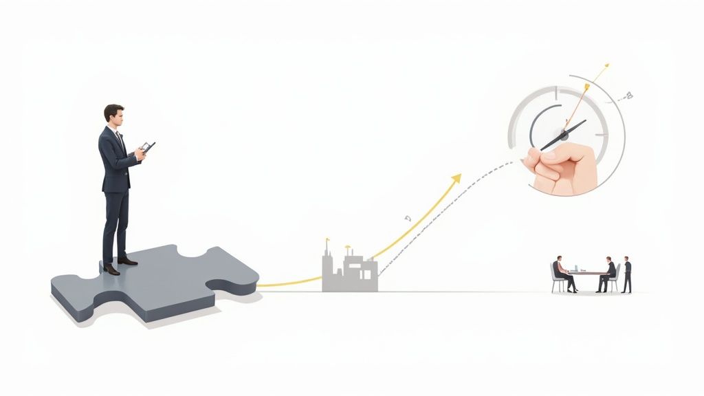 A group of professionals in a manufacturing facility reviewing plans on a tablet.