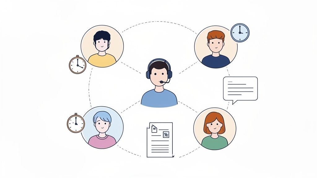 Illustration of a central support person connecting to multiple users, documents, messages, and time indicators.