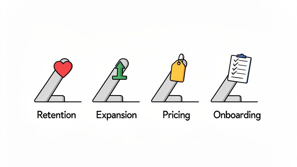 Four illustrations depicting SaaS business growth concepts: Retention, Expansion, Pricing, and Onboarding with icons.