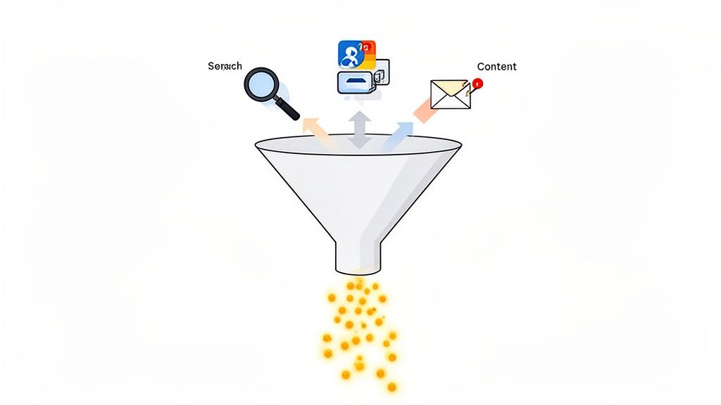 A data funnel diagram illustrating inputs like search, content, and various applications, yielding multiple outputs.