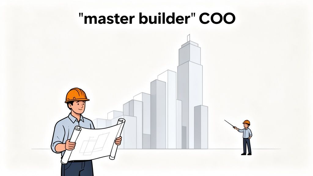 An illustration of a large architect holding blueprints and a small architect pointing at a growing city skyline, with text ""master builder" COO".