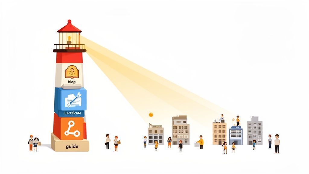 A lighthouse made of labeled blocks guides people in a city with its light beam.