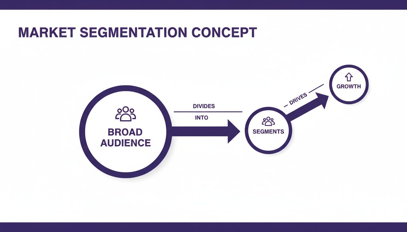 A diagram illustrating the market segmentation concept, showing a broad audience dividing into segments which drives growth.