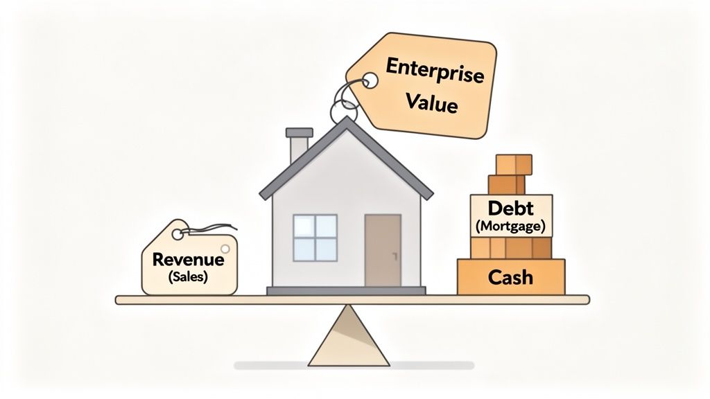 Financial concept of Enterprise Value on a balance scale, showing Revenue, Debt, and Cash.