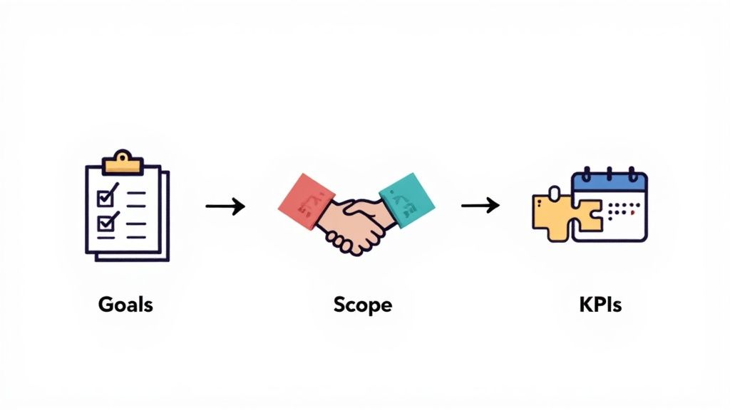 A visual process showing steps from setting goals, defining scope, to measuring key performance indicators.