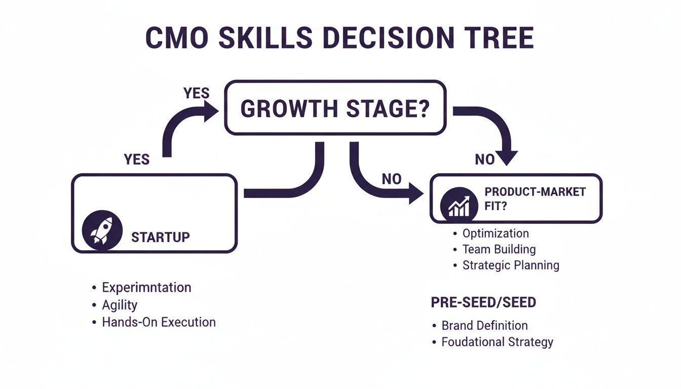 A CMO skills decision tree diagram showing required marketing skills based on company growth stage.