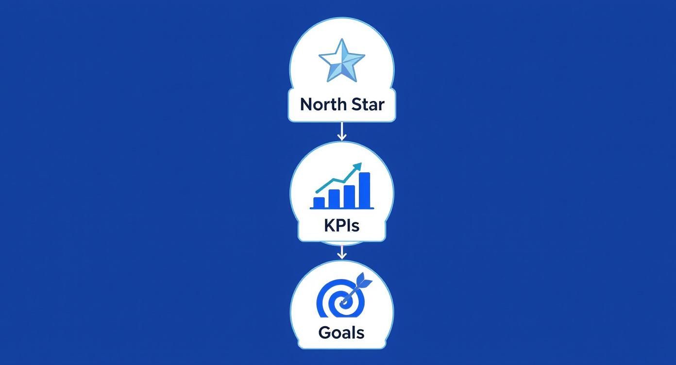 Infographic showing a hierarchy of startup metrics, with the North Star metric at the top, supported by KPIs, which are in turn driven by business goals.