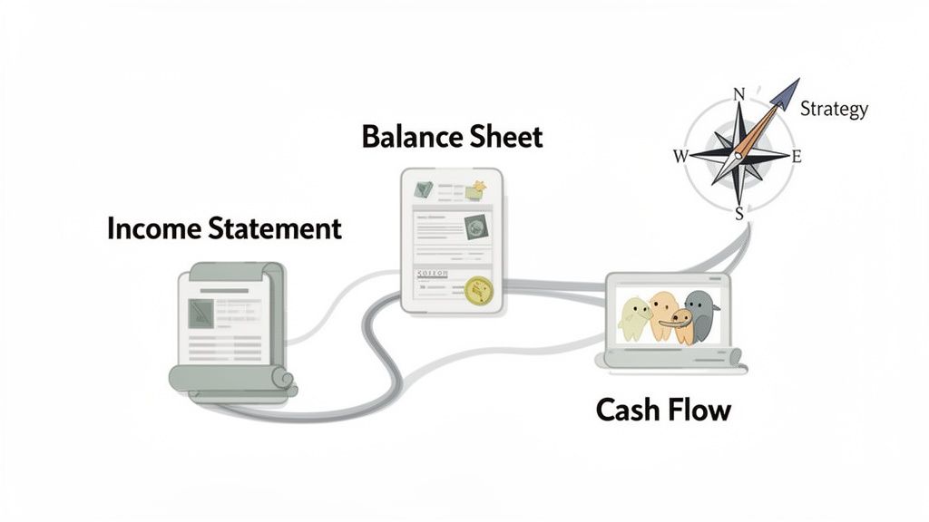 Diagram showing Income Sstatement, Balance Sheet, and Cash Flow leading to business strategy.