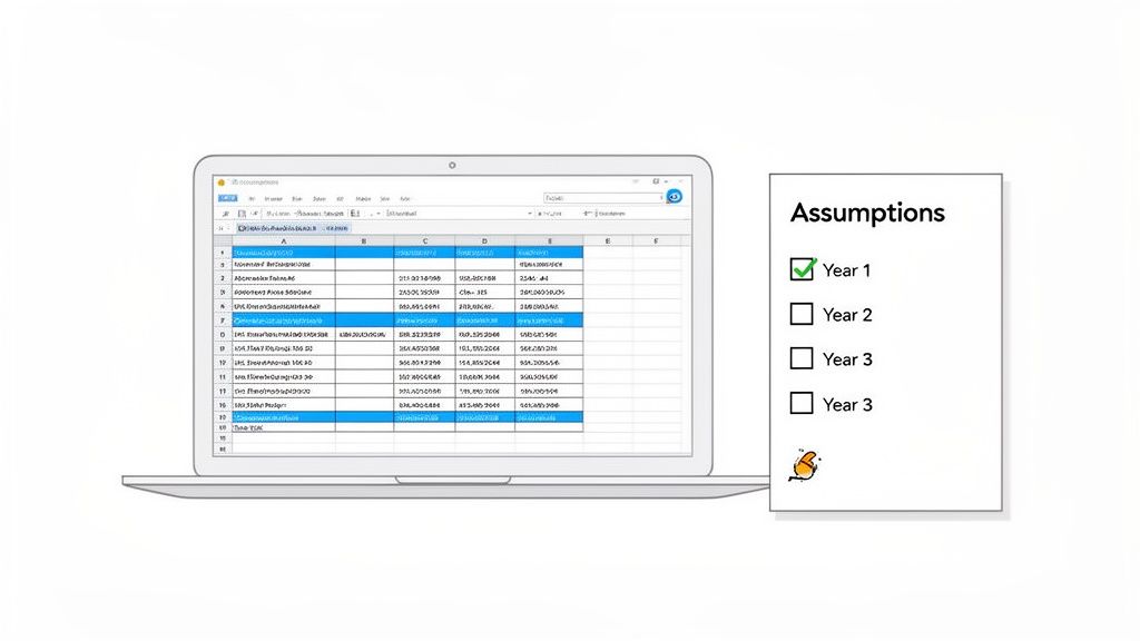 Laptop displaying a financial spreadsheet next to an 'Assumptions' card with 'Year 1' checked.