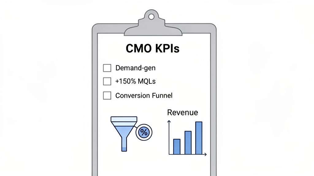 A checklist on a clipboard outlining CMO KPIs: Demand-gen, +150% MQLs, Conversion Funnel, and Revenue metrics.