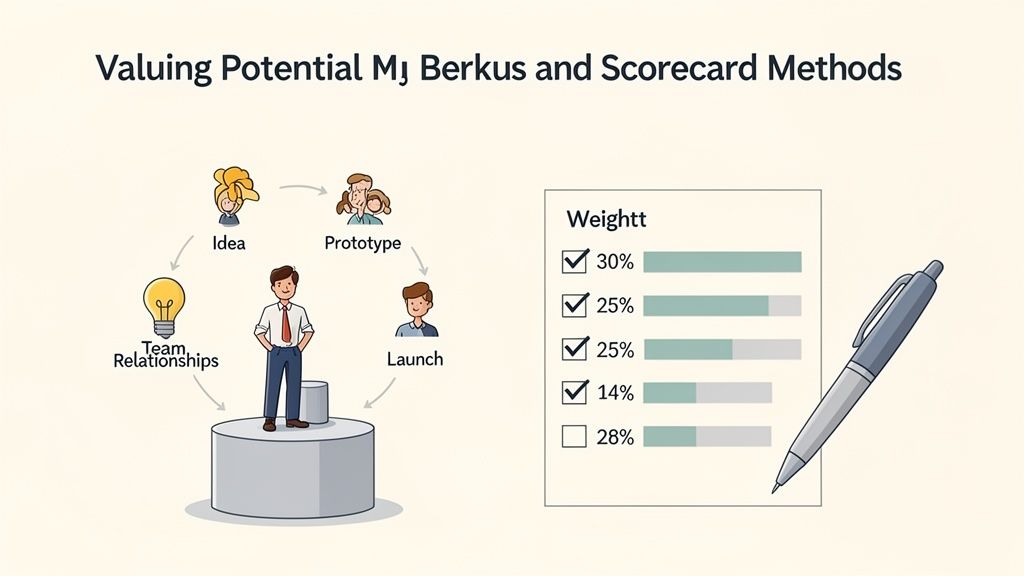 Illustration of startup valuation methods showing a development cycle and a weighted scorecard with percentages.