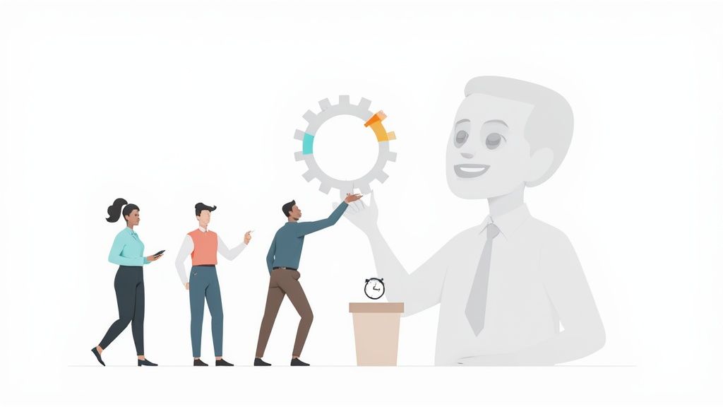 Diverse professionals collaborate on a gear process, while a large manager figure oversees teamwork and efficiency.