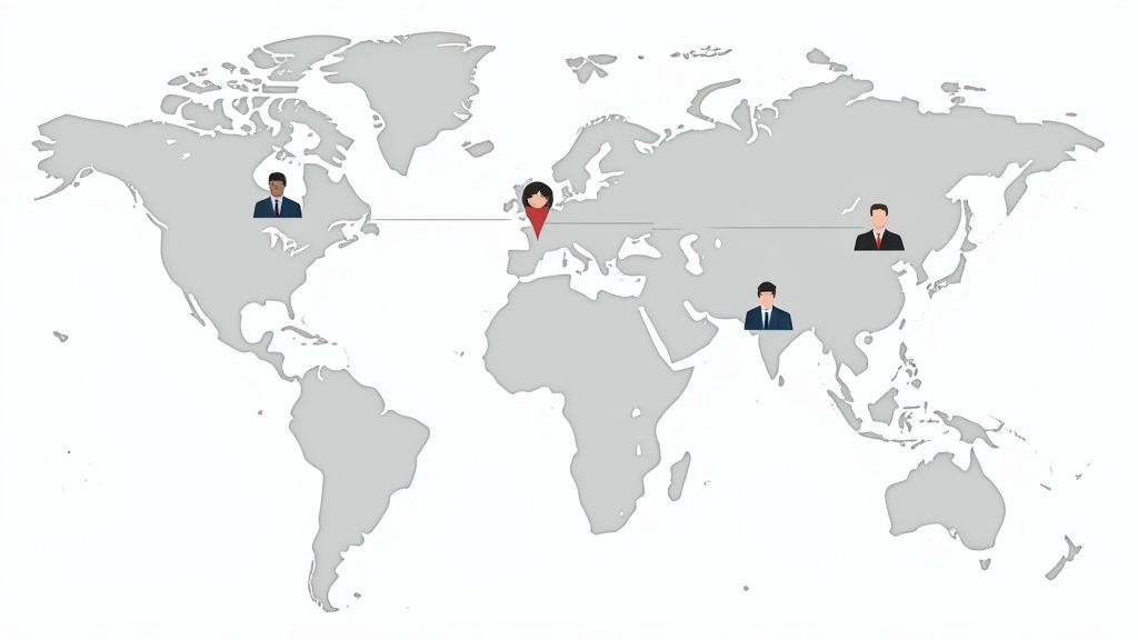 A world map illustrating a global professional network with multiple diverse people icons and a central location pin.