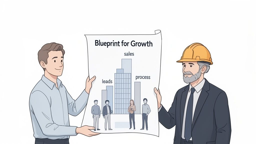 Two men hold a blueprint for growth, illustrating sales, leads, and process strategy.
