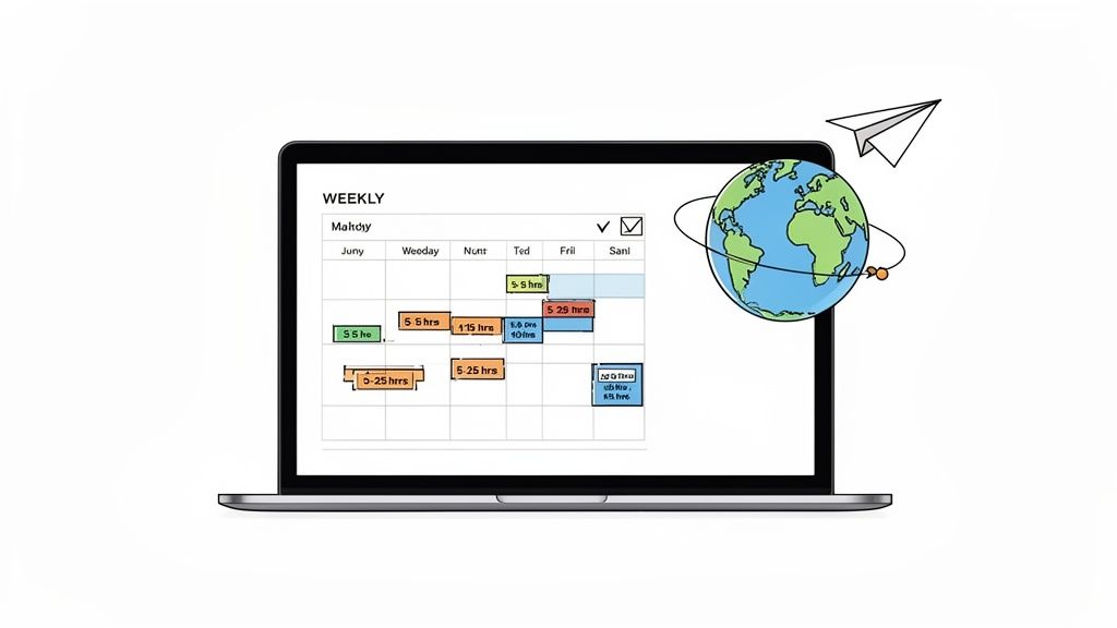 A laptop displays a weekly schedule with time blocks, alongside a globe and a paper airplane.