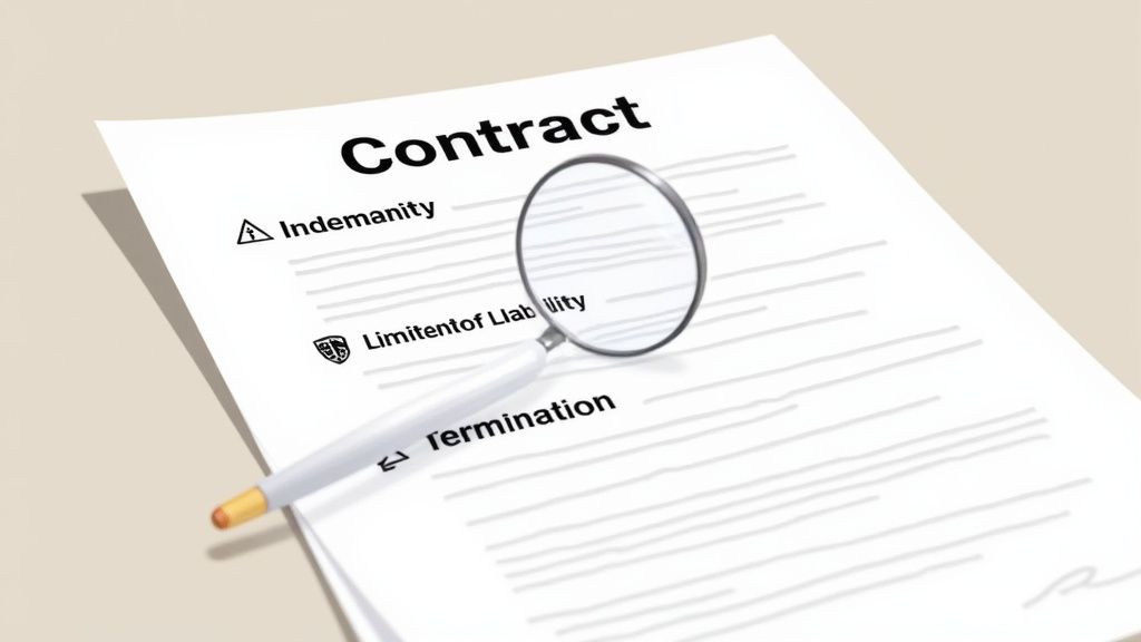 A magnifying glass scrutinizes important clauses like indemnity and liability on a contract document.