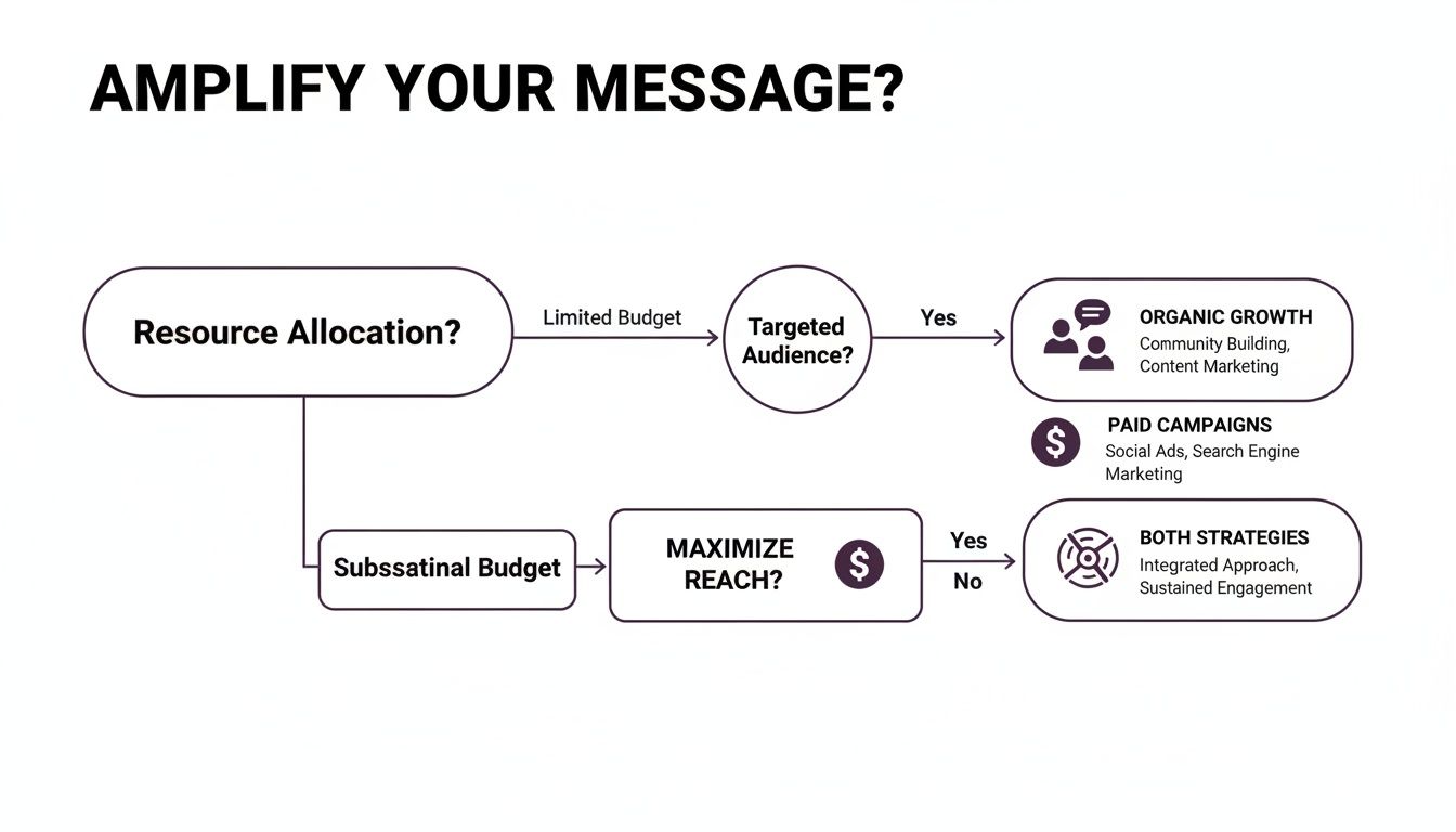 Flowchart illustrating message amplification strategies based on resource allocation and audience targeting.