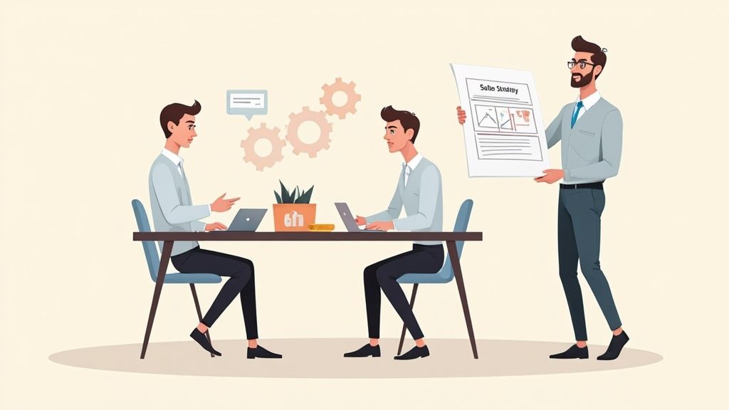 A person at a desk asking questions during a meeting, representing common questions about sales strategy.