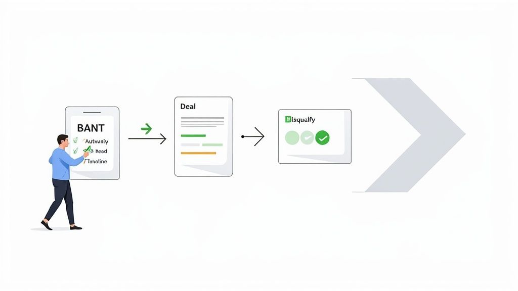 An illustration showing a sales process from BANT qualification to deal document and disqualification.