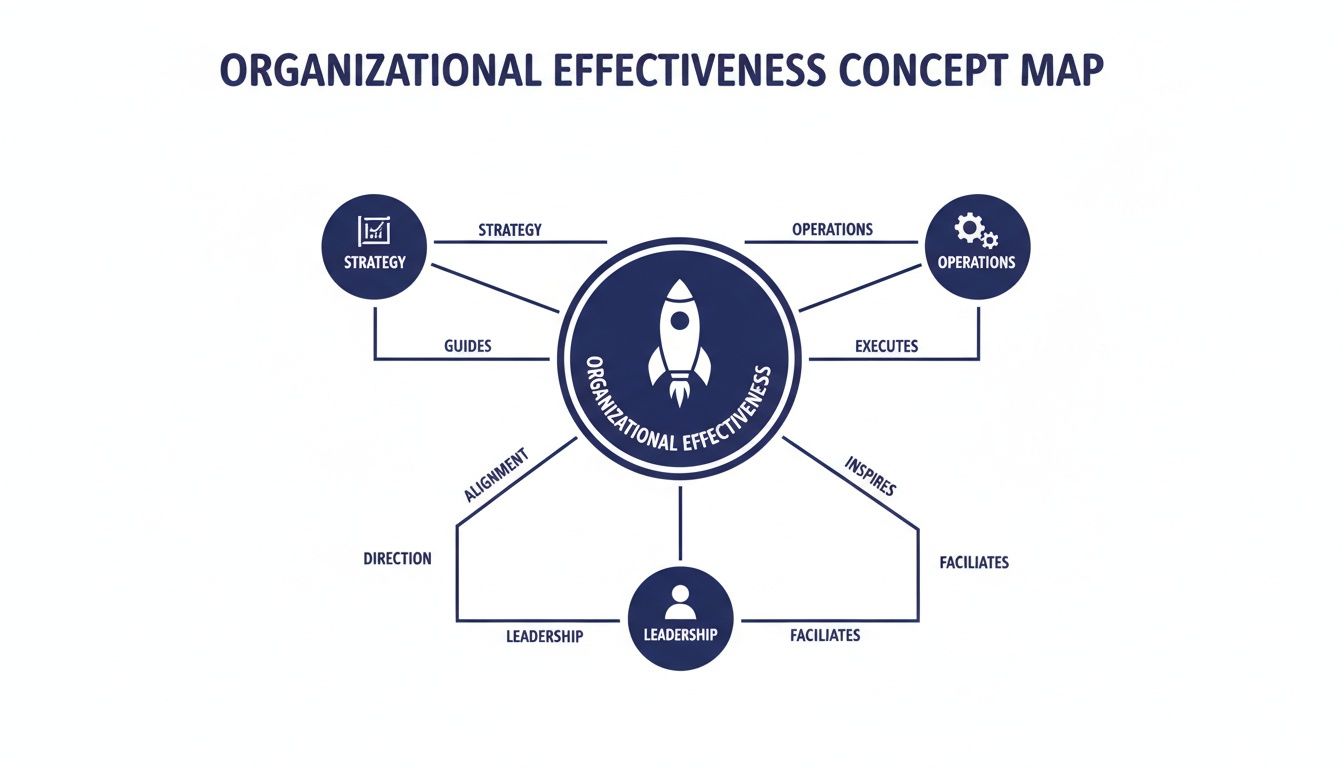 A concept map illustrating organizational effectiveness, showing its connection to strategy, operations, and leadership.