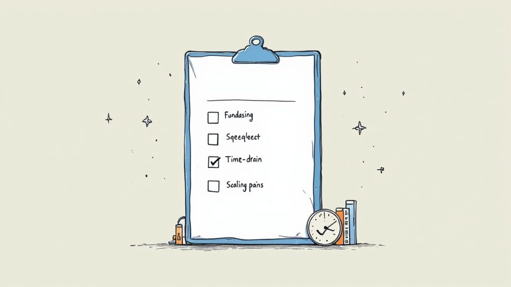 A clipboard checklist showing 'Time-drain' checked, with a clock and books, symbolizing business challenges.