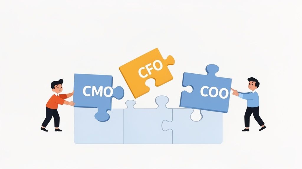Two people assemble puzzle pieces labeled CMO, CFO, and COO, symbolizing executive integration and collaboration.